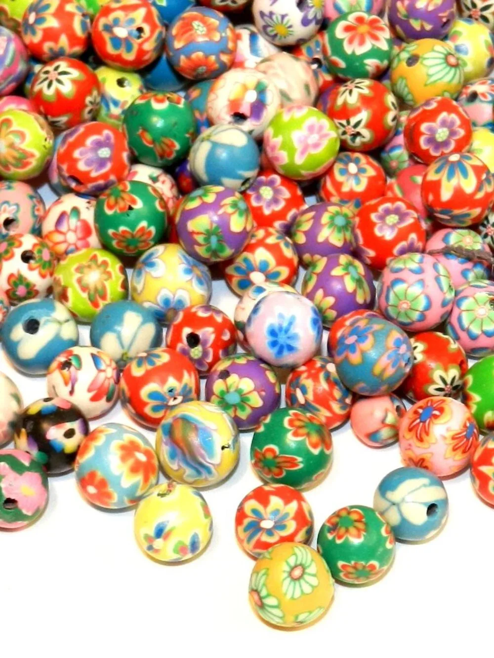 CPC192 Brightly Colored Fun Flower Patterned Polymer Clay 8mm Round Beads 24pc